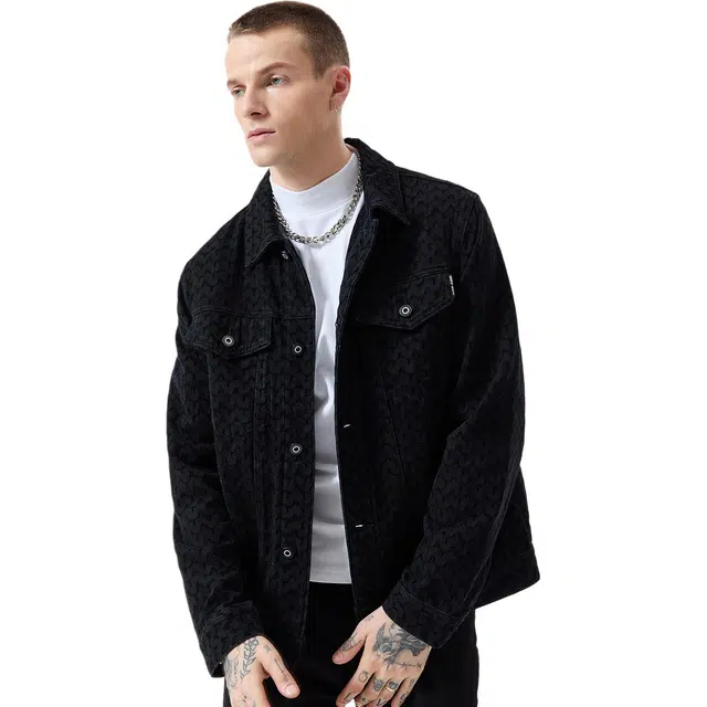 逆腾 秋季牛仔外套男潮牌美式提花水洗翻领男士工装休闲夹克 男女同款