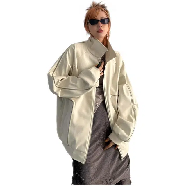 木木兔 潮流时尚秋季外套 大码情侣装 简约百搭 宽松美式皮痞帅高级感拉链夹克 男女同款