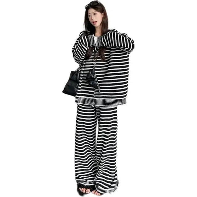 轻迎 美式复古条纹连帽外套开衫宽松长裤休闲套装 女款