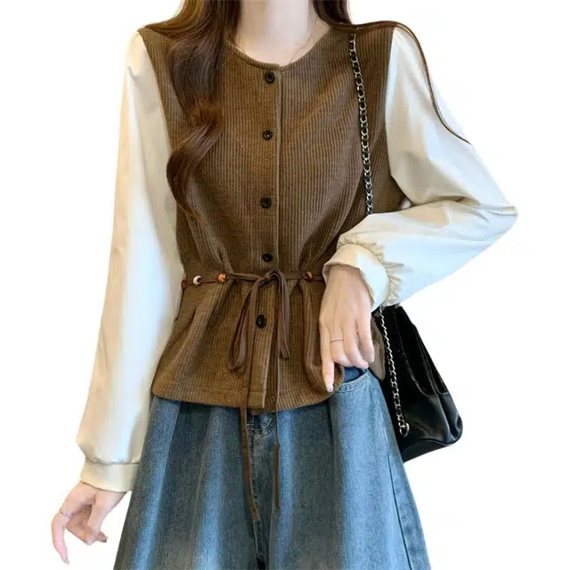 缪斯的诱惑 新版韩风设计感法式蝴蝶结灯芯绒拼色上衣卫衣 女款