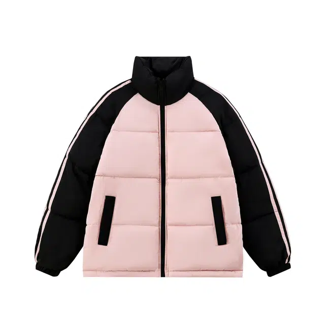 华夏儿女 美式高级风条纹拼色宽松长袖加厚保暖防水面包服棉服 女款