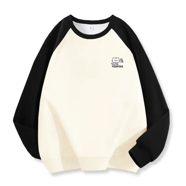 棉致 小猫吃鱼撞色拼色插肩简约时尚基础休闲百搭无性别主义美式柔软舒适吸湿透气圆领长袖卫衣 男女同款