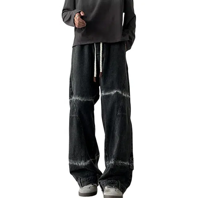 拓菲 美式扎染磨白牛仔长裤男春秋冬季水洗宽松直筒裤阔腿休闲裤 男女同款