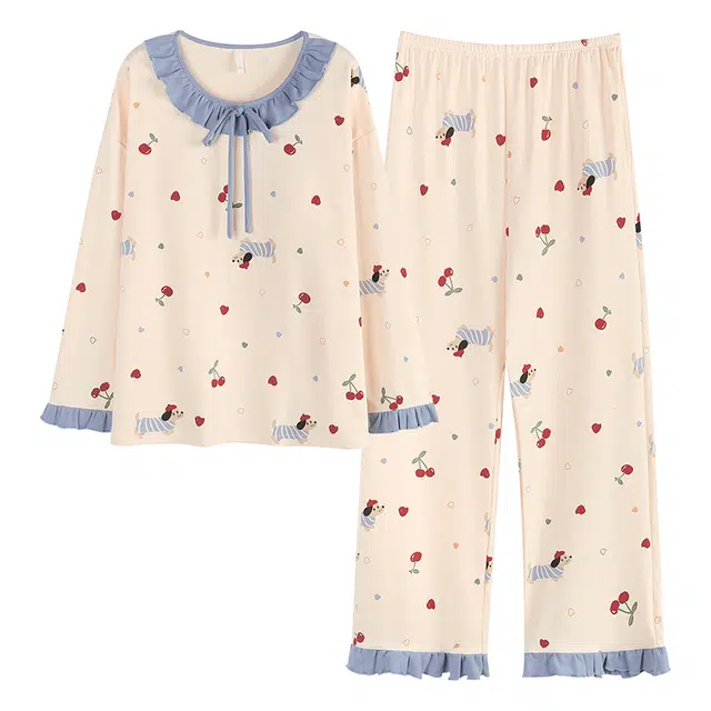 帕兰朵 少女纯棉秋季甜美樱桃小狗亲肤女士家居服春秋舒适透气睡衣套装 女款