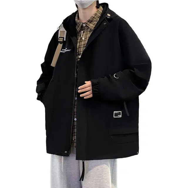 洋气先生 美式复古系列潮牌胸口字母印花连帽设计痞帅高级感长袖休闲舒适防风保暖日常通勤徒步无性别主义简约百搭冲锋外套夹克 男女同款