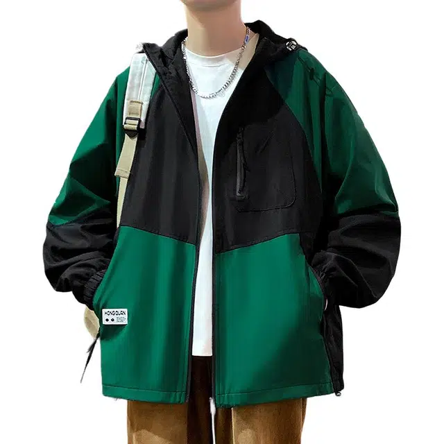 洋气先生 美式潮牌撞色拼接带帽设计拉链长袖宽松休闲舒适防风山系户外通勤徒步旅行登山无性别主义简约百搭工装冲锋外套夹克 男女同款