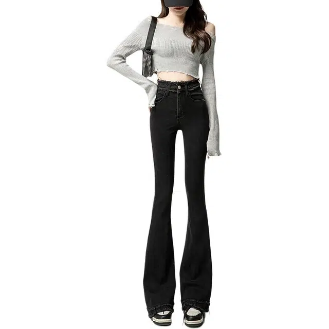 如续 毛边微喇女高腰显瘦弹力修身拖地喇叭裤牛仔裤 女款