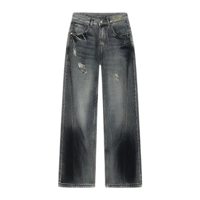 下层基础 显瘦分割水洗复古做旧潮流宽松牛仔裤 男女同款