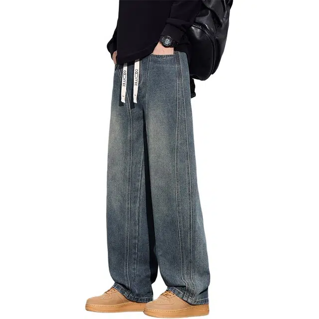 协协乐 机能高街风拼接氛围感美式复古水洗春秋季潮牌宽松直筒阔腿拖地裤百搭痞帅休闲运动长裤牛仔裤 男款