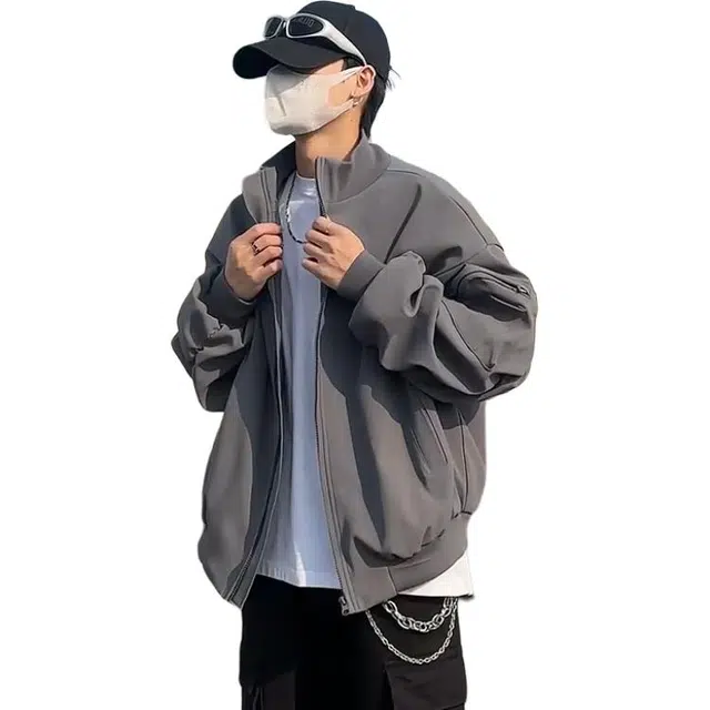 洋气先生 美式复古百搭简约口袋皱褶设计小众时尚高级感日常基础休闲宽松防风保暖城市机能风纯色氛围感机车服户外通勤立领夹克 男女同款