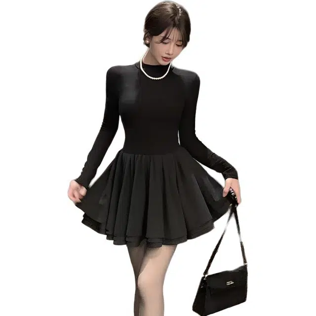 敲模女孩 法式名媛千金风高级感气质针织内搭修身收腰蓬蓬短裙长袖连衣裙 女款