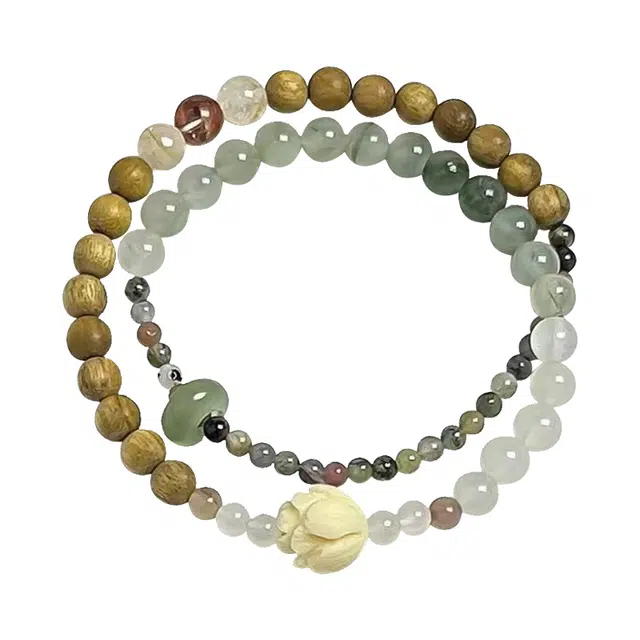 琛宬 福气满满好运连连招财进宝复古时尚转运莲花叠戴佛珠新中式民族风步步高升招财纳福财源滚滚小众轻奢#好运 绿檀 手串 女款