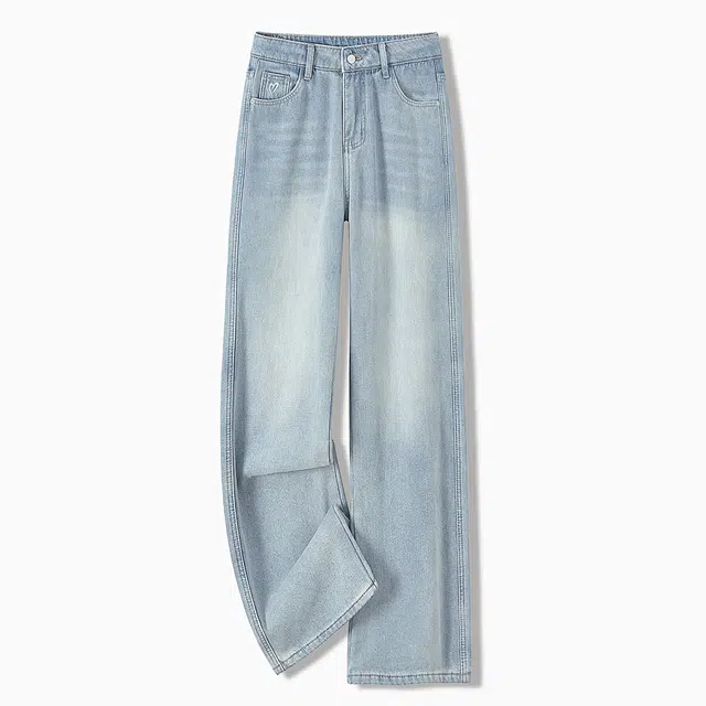 她池 简约风高腰水洗加绒保暖长款直筒牛仔裤 女款