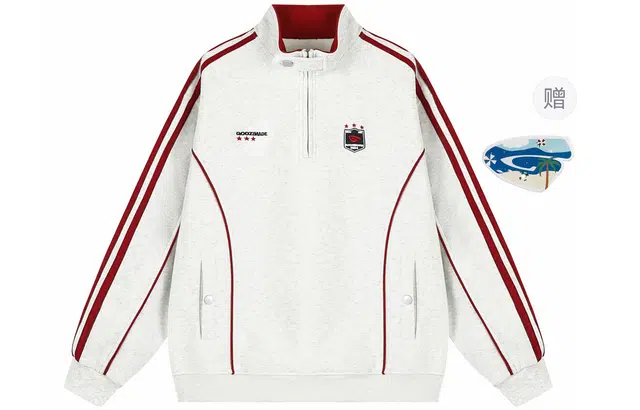 港仔文艺男 美式复古撞色拼接条纹三条杠半拉链立领小立扣字母徽章刺绣设计感上衣休闲百搭宽松卫衣 男女同款