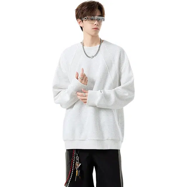 华夏儿女 美式高街潮牌复古重磅简约螺纹条纹解构拼接高级感户外通勤痞帅街头潮流舒适校园百搭宽松休闲圆领落肩垂感套头长袖卫衣 男款