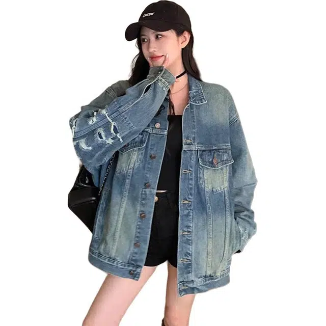 洋气先生 美式复古高街简约纯色潮牌慵懒风破洞设计感重磅休闲长袖潮流居家宽松舒适亲肤户外运动时尚百搭水洗做旧上衣牛仔外套 男女同款