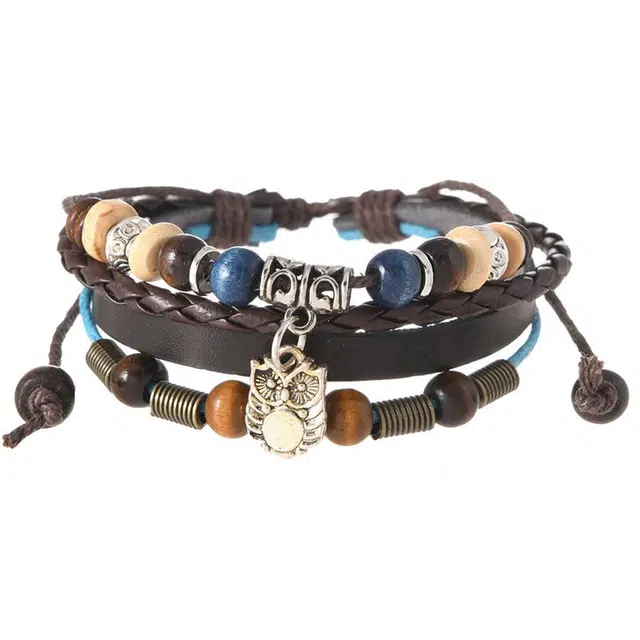 色菲尔 国潮多层叠戴手饰 复古个性嘻哈中性时尚通勤日常百搭小众设计感猫头鹰朋克编织皮质#好运 柴木 木作手绳 男女同款情侣款