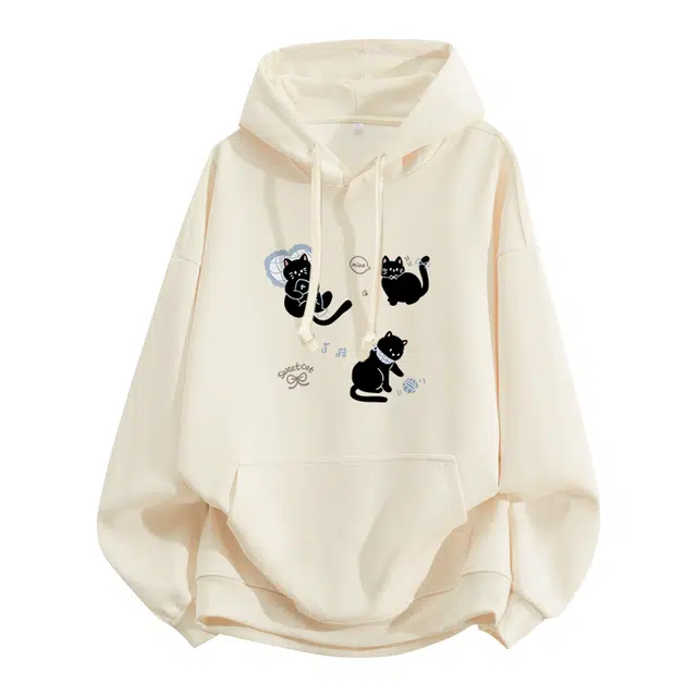 棉致 爱心卡通小猫涂鸦潮流时尚创意百搭学院风日常通勤落肩宽松柔软舒适套头连帽卫衣 男女同款