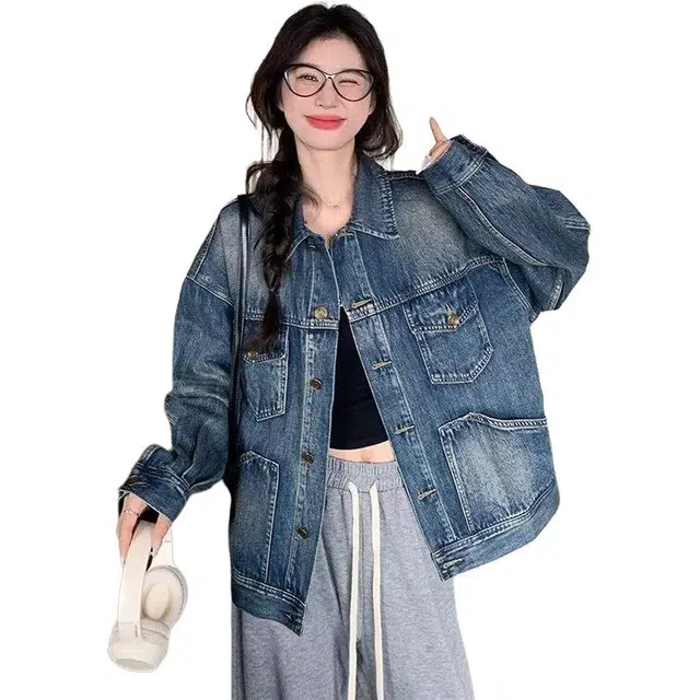 洋气先生 美式复古高街简约纯色潮牌慵懒风重磅落肩款休闲长袖潮流居家宽松舒适亲肤户外运动时尚百搭水洗做旧多口袋上衣牛仔外套 男女同款