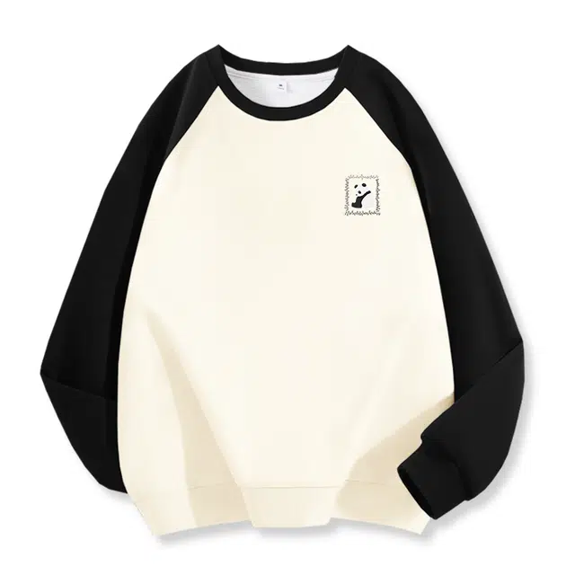 棉致 毛绒熊猫撞色拼色插肩简约时尚基础休闲百搭无性别主义美式柔软舒适吸湿透气圆领长袖卫衣 男女同款