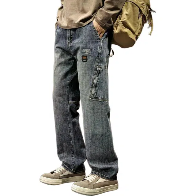 路杰邦 美式高街潮牌复古街头痞帅嘻哈宽松百搭直筒阔腿裤工装牛仔裤 男款