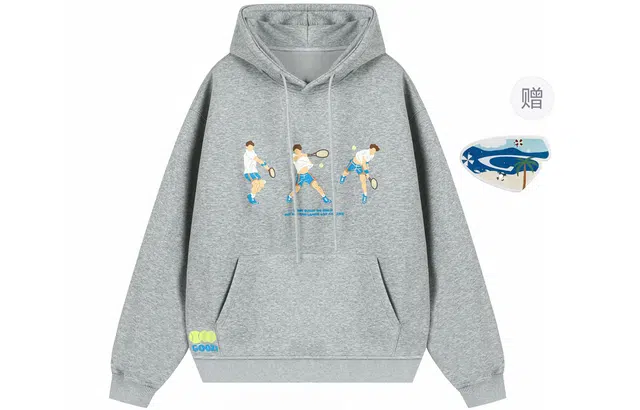 港仔文艺男 日系宽松卡通趣味网球字母印花可调节帽檐套头落肩袖上衣休闲百搭连帽卫衣 男女同款