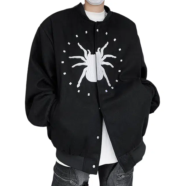 冈哉 美式复古高街撞色蜘蛛刺绣字母印花设计宽松潮流休闲时尚百搭户外运动棒球服夹克外套 男女同款