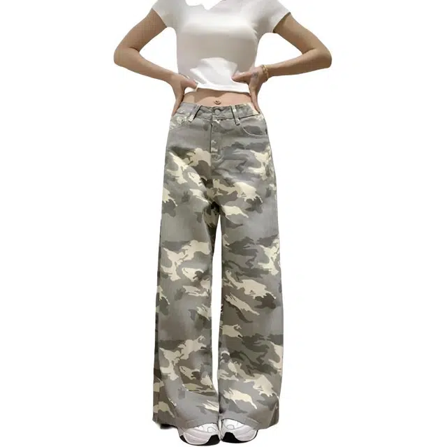 如续 美式迷彩工装裤时尚宽松阔腿裤高腰直筒舒适个性百搭牛仔裤 女款