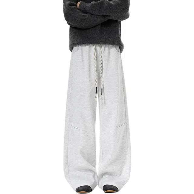 华夏儿女 美式复古潮流高街情侣运动卫裤简约纯色宽松百搭阔腿弯刀直筒学院风休闲裤 男款