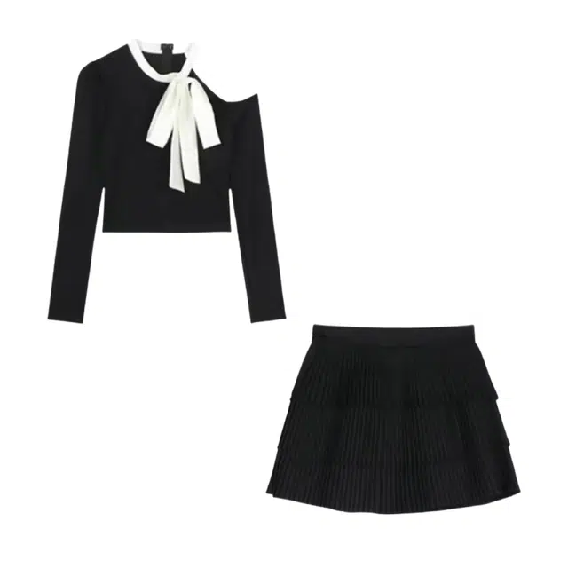 望莱仕 春装搭配一整套纯欲甜辣风蝴蝶结露肩针织上衣高腰蛋糕短裙两件套裙装套装 女款