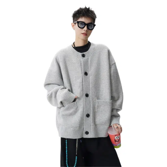 大格子与黑猫 美式复古开衫毛衣男秋季潮牌慵懒风情侣高街大口袋休闲外套针织衫 男女同款