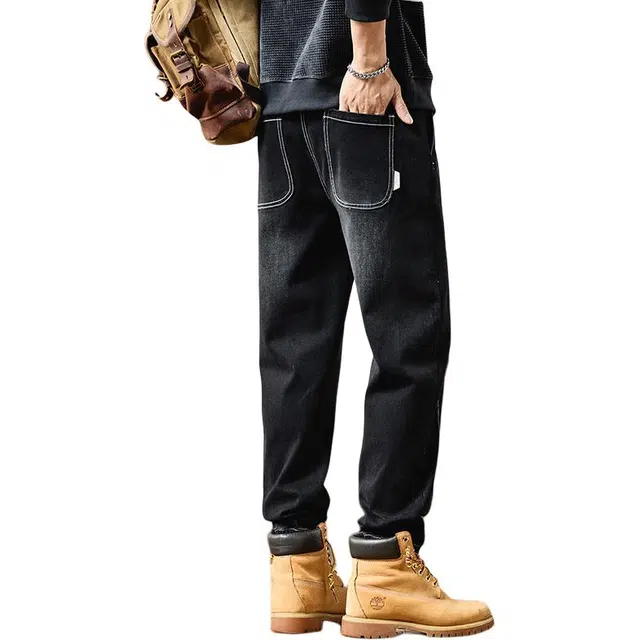 协协乐 高街机能风美式复古做旧水洗拼接氛围感春秋季宽松哈伦束脚九分裤百搭青少年弹力抽绳痞帅休闲运动长裤牛仔裤 男款