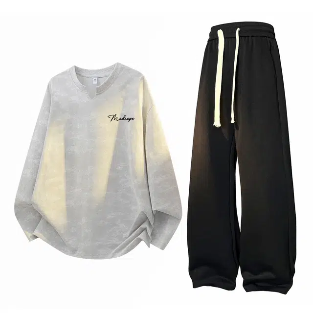 空白町 简约百搭宽松扎染上衣服长裤子套头高级感基础款学院情侣时尚舒适户外通勤高街痞帅休闲运动套装 男女同款 两件套