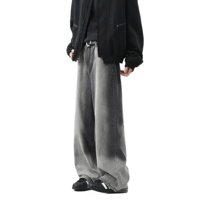 棉基因 美式高街复古渐变磨白做旧休闲百搭宽松直筒舒适垂感时尚潮流简约牛仔裤 男女同款