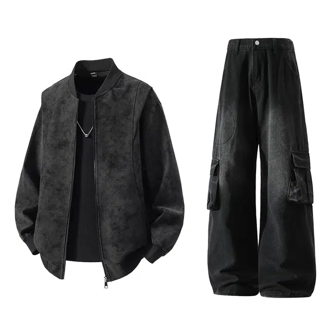 梓润格 秋季美式潮流街头感雾霾脏脏灰解构立领皮衣百搭时尚痞帅夹克外套宽松日常无性别主义港风复古工装大口袋阔腿水洗裤套装 男女同款