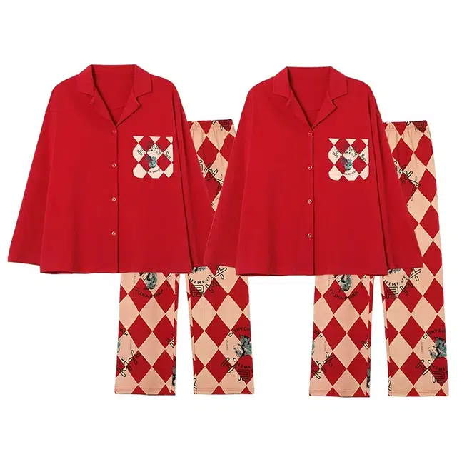 俏韵 翻领卡通春秋季长袖长裤甜美时尚舒适高级感家居服可外穿睡衣套装 男女同款