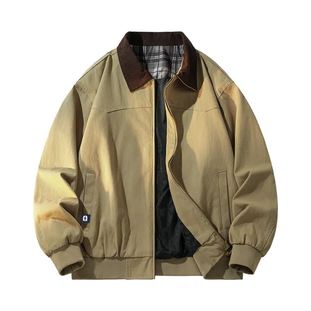 敦煌博物馆 美式复古水洗帆布纯棉面料工装灯芯绒翻领简约拼接底特律宽松拉链通勤百搭哈灵顿夹克外套 男女同款