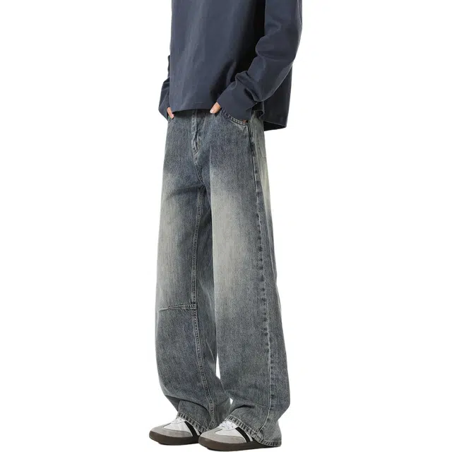 瑞梵帝斯 秋季美式港风潮流帅气个性时尚经典水洗做旧高街褶皱复古直筒基础款百搭休闲宽松舒适透气运动简约垂感牛仔裤 男款