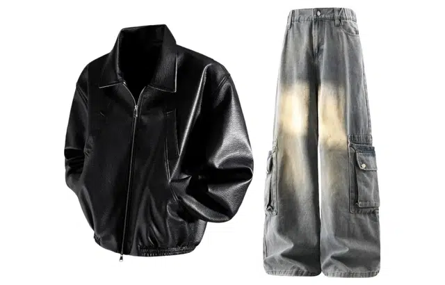 梓润格 秋冬复古氛围感美式机车服潮流街头飒酷时尚百搭皮夹克牛仔裤大口袋工装痞帅裤子休闲运动套装 男女同款