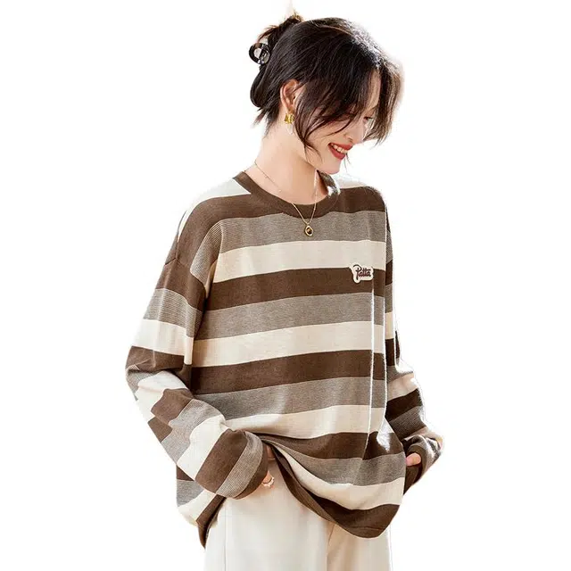 稻草人 舒适柔软条纹宽松休闲时尚百搭圆领秋冬打底绵羊毛针织衫 女款