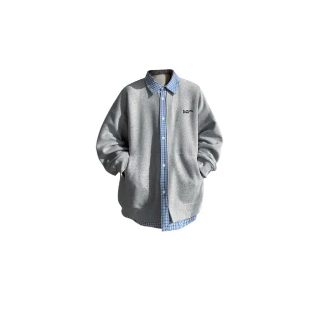 半空山 复古格纹翻领撞色假两件开衫设计美式高街学院风少年感长袖上衣时尚休闲宽松百搭潮流卫衣 男女同款