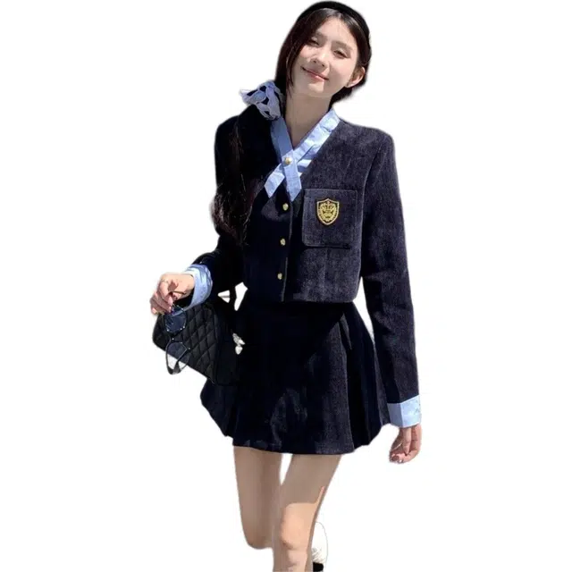 纤丝鸟 学院风复古短外套百褶裙小香风裙两件套潮裙装套装 女款