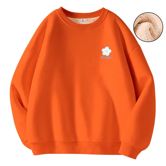 棉致 笑脸小蓝花简约纯色羊羔绒加绒加厚无性别主义美式舒适细腻宽松落肩保暖休闲圆领长袖卫衣 男女同款