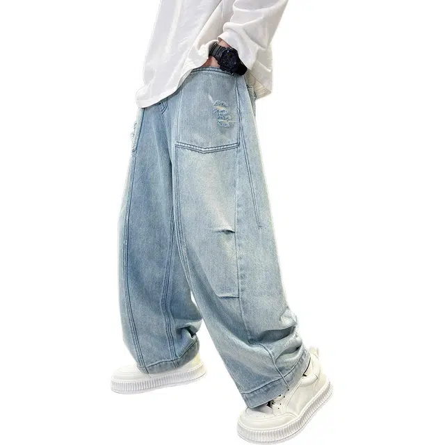 黑恐龙牛仔裤 破洞痞帅风直筒韩版宽松长裤 青少年