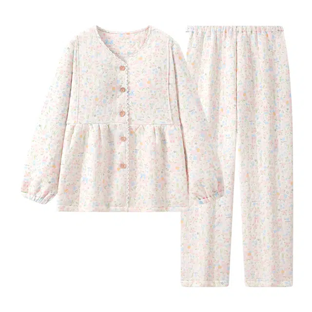 宫蝶 月子服夹层棉产后哺乳长袖家居服带胸垫产妇可调节腰围保暖睡衣套装 女款