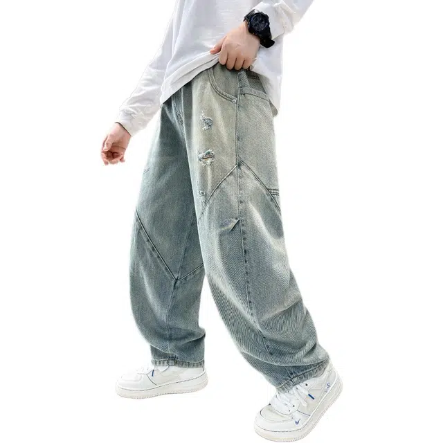 黑恐龙牛仔裤 破洞春秋款潮字母/数字/文字韩版直筒长裤 青少年