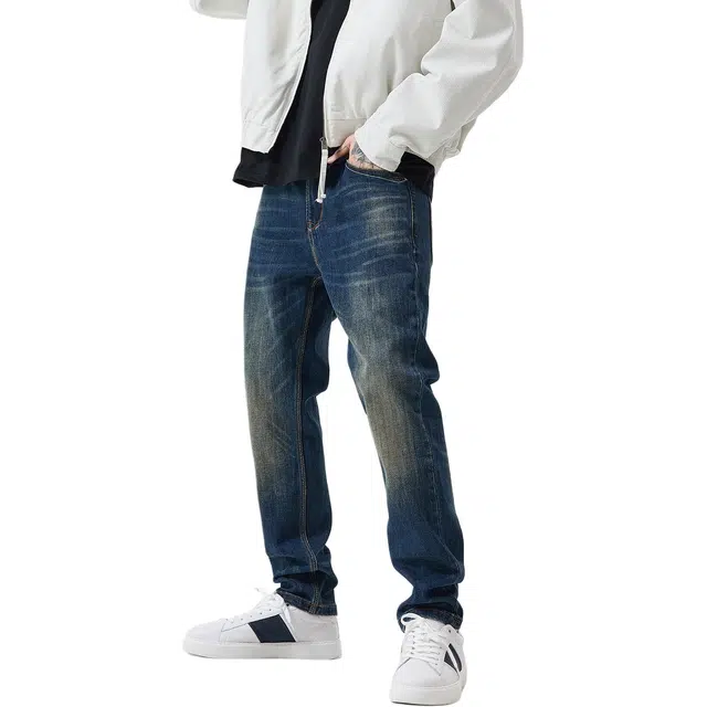 逆腾 秋季水洗做旧长裤男猫须修身小脚裤子男士重工弹力直筒牛仔裤 男款
