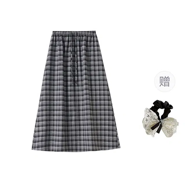 涂诗菲 韩版复古高街时尚舒适宽松高腰显瘦气质百搭通勤格子休闲长裙 女款