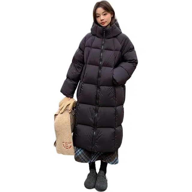 敲模女孩 甜酷风慵懒长款过膝连帽外套棉袄棉服 女款