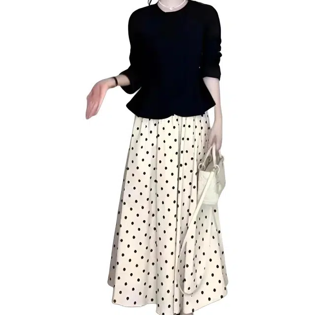 纤丝鸟 法式复古小香风外套上衣波点长裙两件套时尚减龄裙装套装 女款